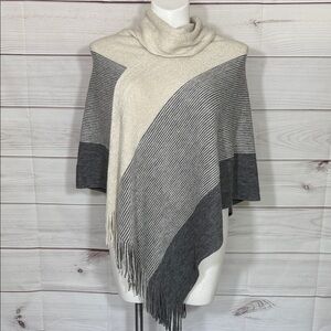 NWT Chico's Shine Cowl Neck Striped Gray and Cream Poncho One Size